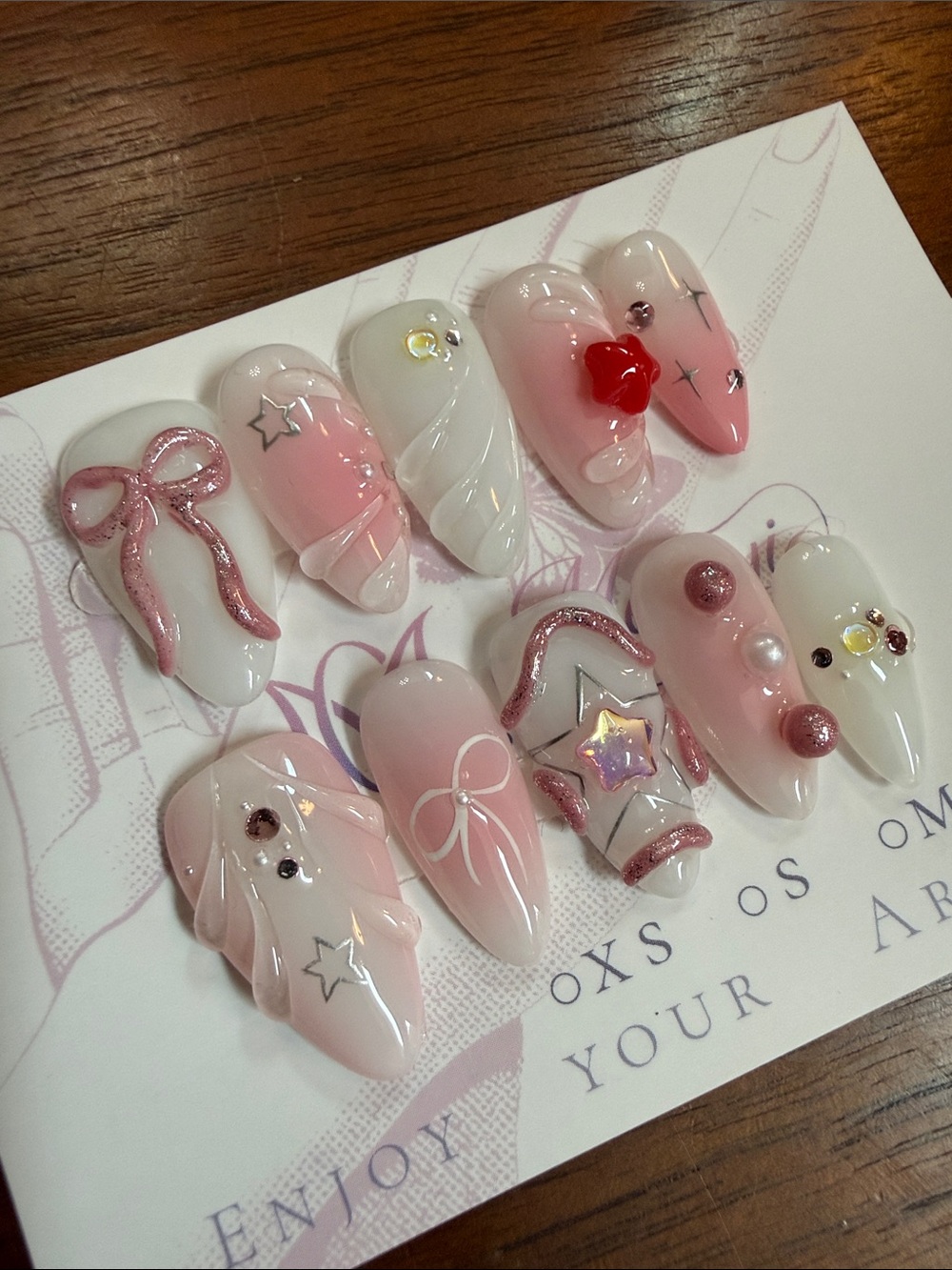Handmade Pink and White 3D Embellished Press-On Nails with bows Large Almond